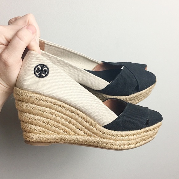 Tory Burch Shoes - Tory Burch Black Beige Espadrilles Wedges Size 7.5